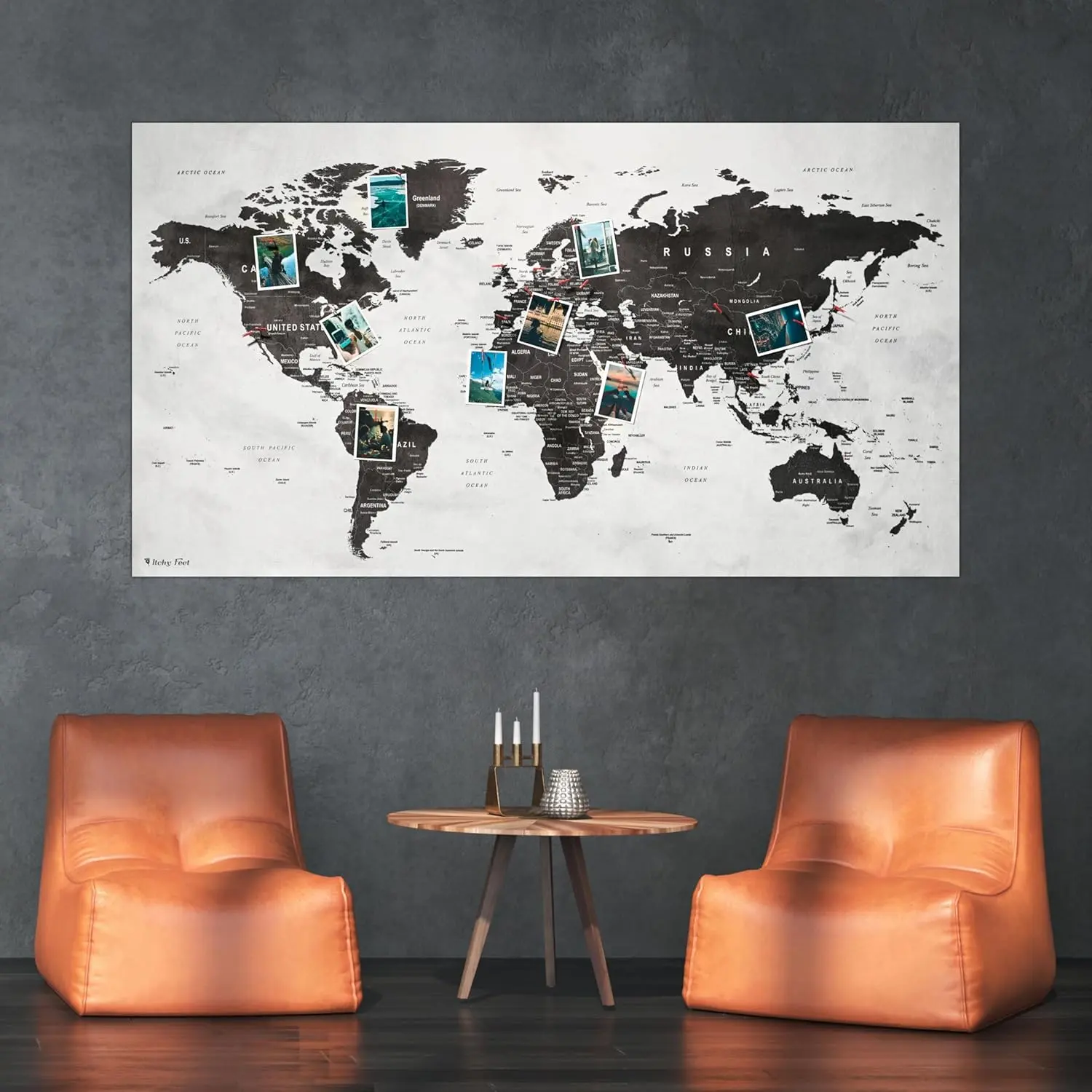 XXL World Map 51 x 28 inches, Fleece Wall Hanging as Travel Pin Board in Modern Wall Art Design, 20 Flag Push Pins Included
