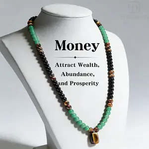 Green Aventurine & Tiger Eye Money Attraction Necklace, Natural Healing Crystal Pendant for Wealth & Prosperity, Long Chain Sweater Necklace, Ideal Gift Jewelry for Men and Women, Jewelry Charms for Anniversary, Vacation &Theme Parties