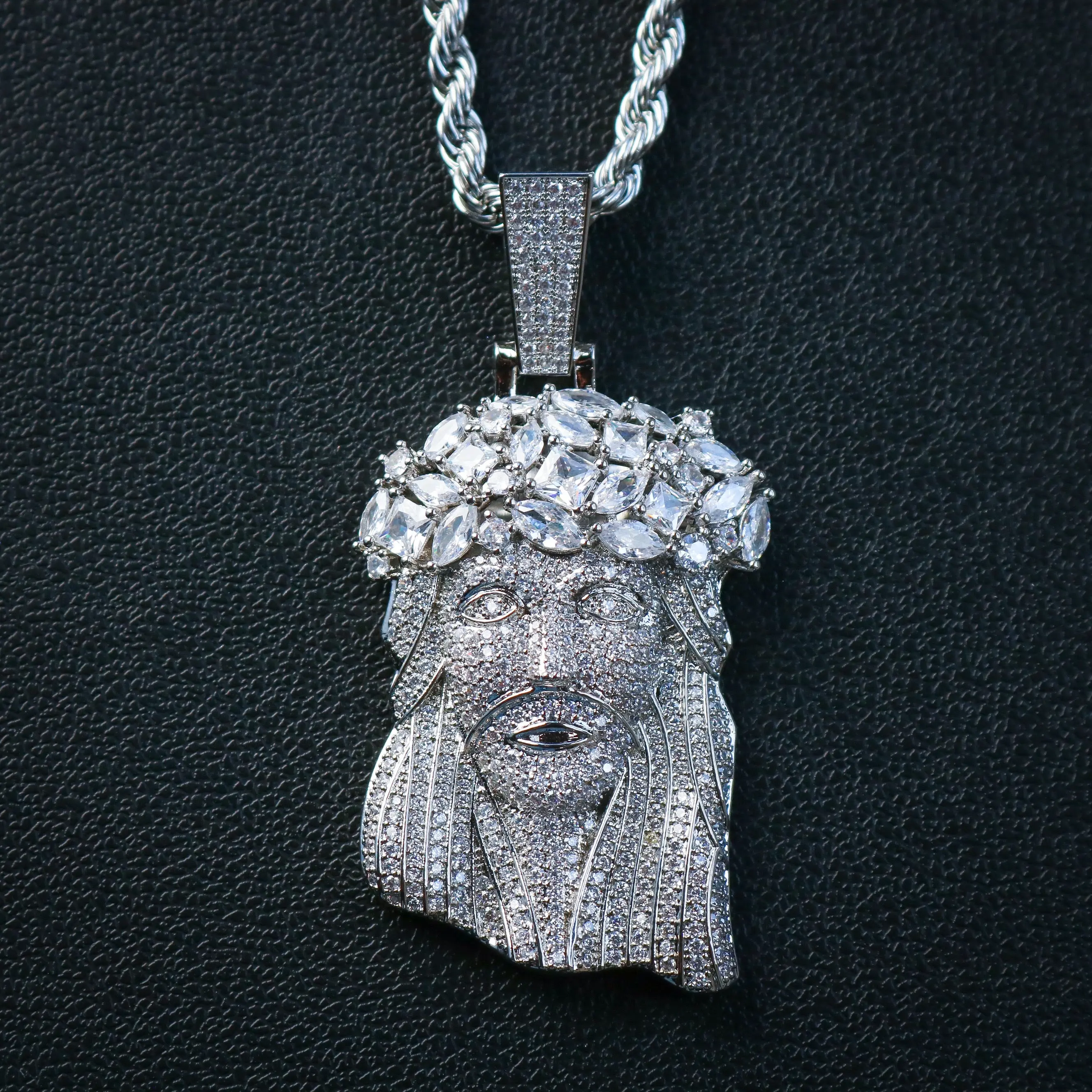 Big Gemstone Jesus Pendant - White Gold