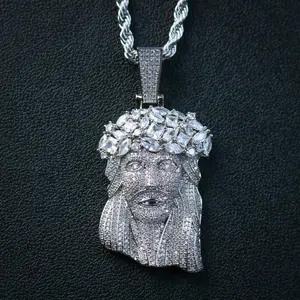 Big Gemstone Jesus Pendant - White Gold