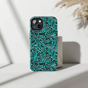 Western Turquoise Floral Tooled Leather Phone Case  Boho Cowgirl Aesthetic  For iP Phone 15, 14, 13, 12, 11, X Series (Pro, Max, Plus)