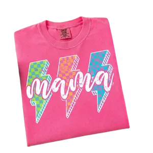 Comfort Colors Lightning Checkered Mama , Neon Mama, Lightning Bolt Motherhood Digital, Cool Mom Shirt Designs Women, Bright Rock Mama Gifts For Her