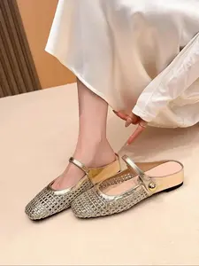 2026 Women's Square Toe Woven Hollow Out Casual Flat Shoes, PU Leather Upper, Rubber Sole, Medium Width, All Season Fashion Sneakers