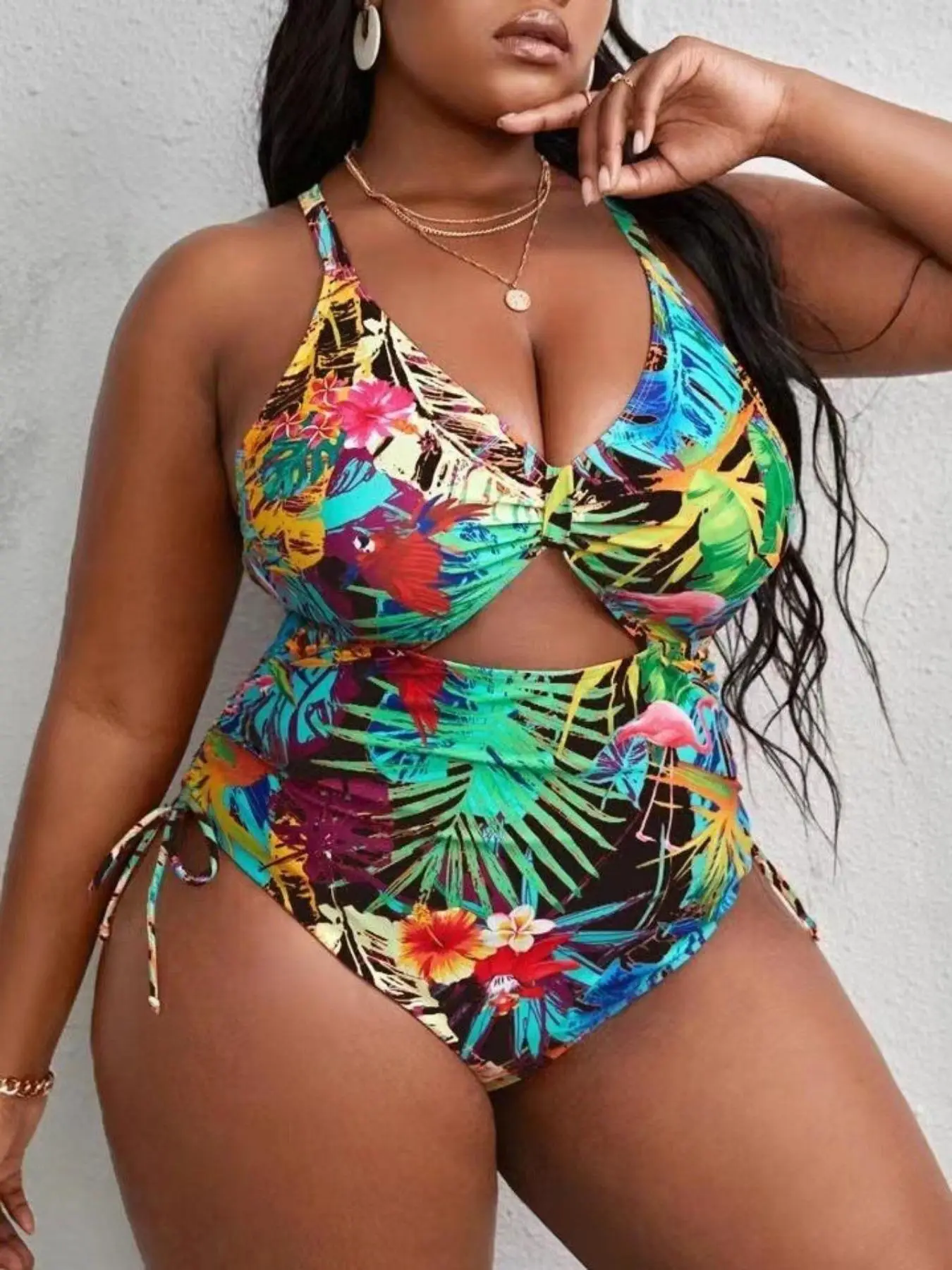 Plus Size Tropical Print Criss Cross Cut Out One-piece Swimsuit, Boho Tie Side Sleeveless Swimwear For Beach Holiday Vacation, Women's Plus Size Swims