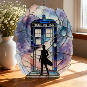 Doctor Who TARDIS Acrylic Suncatcher – Handcrafted Galaxy Window Hanging, Colorful Sci-Fi Home Decor Gift Ornament Display Piece Art Gift