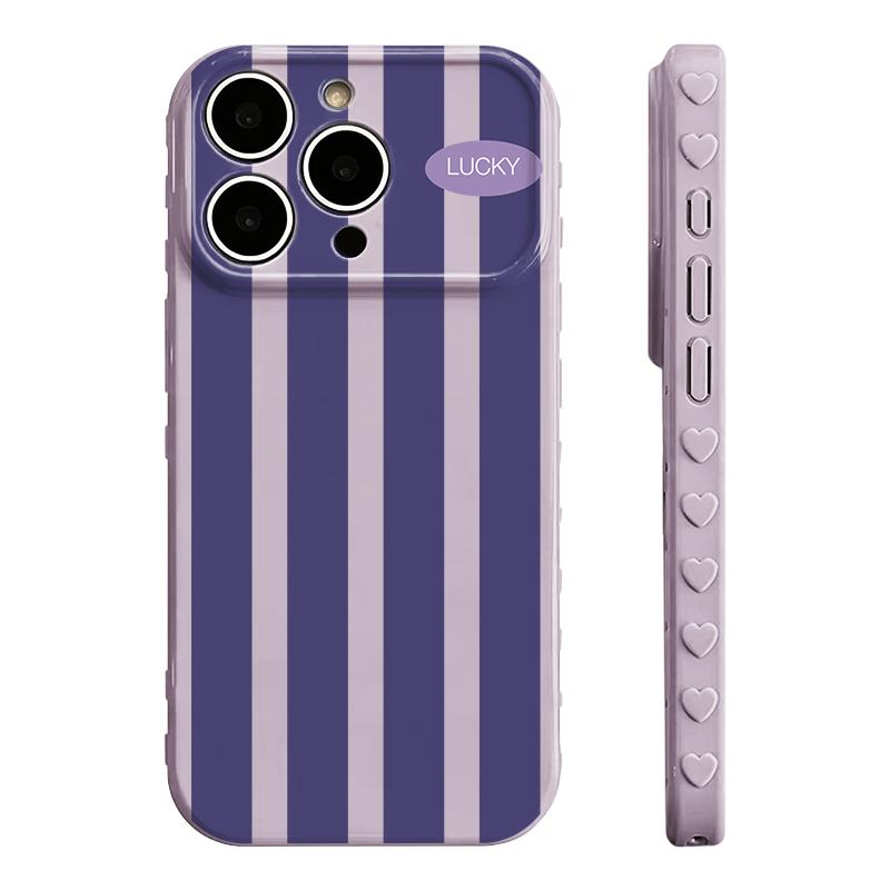 Color Block Stripe Lucky Slogan Phone Case - Premium Glossy Soft TPU-PC Composite Protective Cellphone Casing, Fingerprint Proof Soft Cover with Silky Non-Slip Skin-Friendly Surface, Side Embossed Heart Phone Decoration