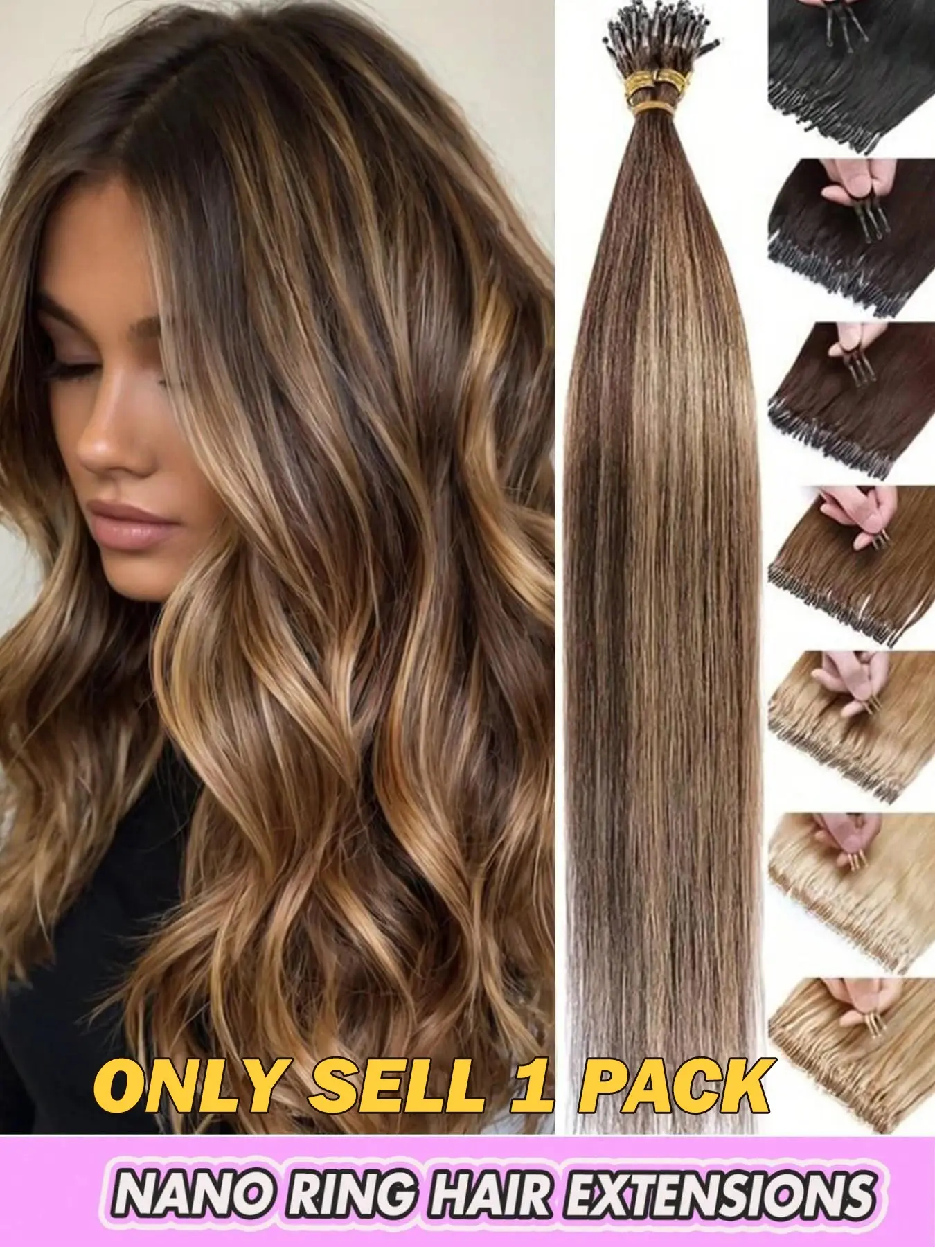 Nano Ring Hair Extensions, Made With Remy Human Hair, Pre-Bonded Micro Beads, Nano Ring Technology, Natural Straight Hairpiece, Available In Brown/Blonde, Invisible Seamless Wear, Seamless Look, Salon-Quality, Easy DIY, Micro Ring Connection, Secure Wear