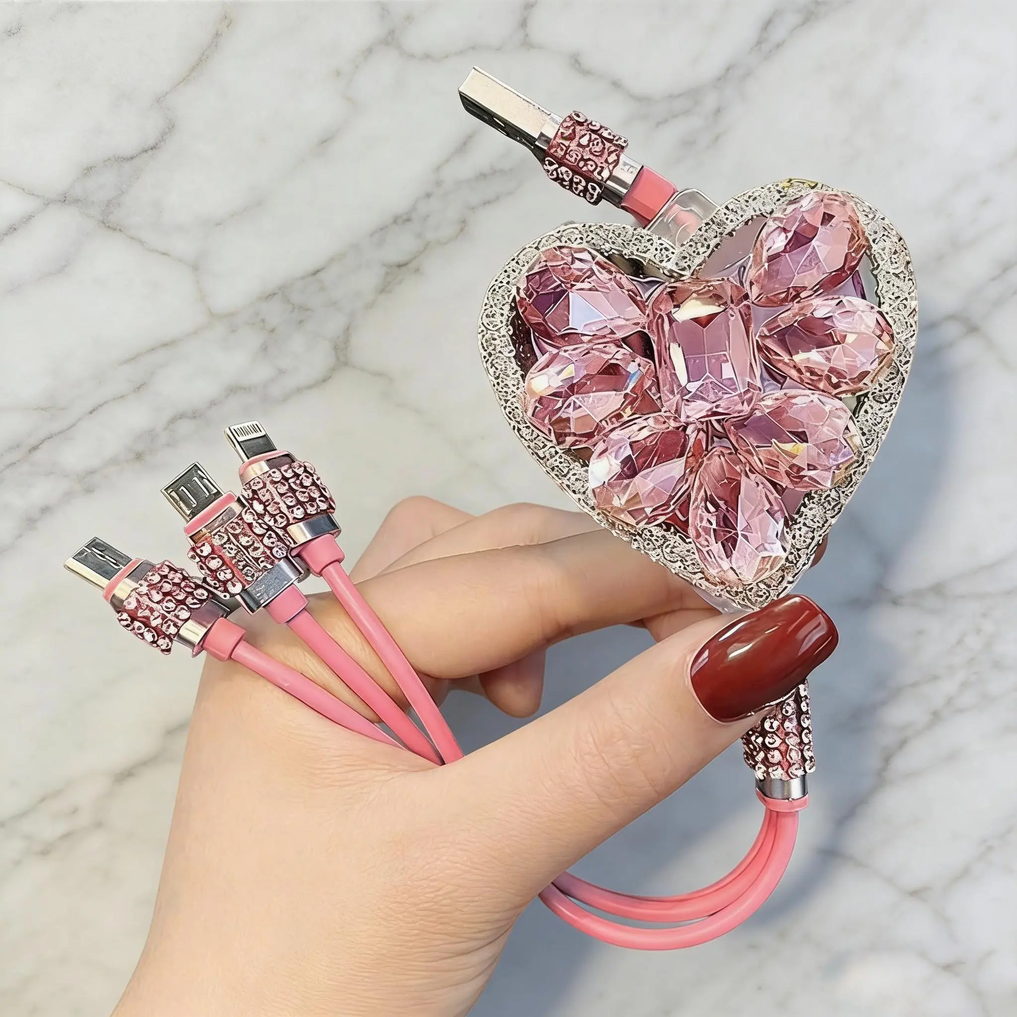 Muli Charging Cable,3-in-1 Bling Rhinestone RetractableCar Charging Cable with Type-C/Lightning/Micro USBConnectors, Universal Sparkly Car Interior Accessory (Pink)