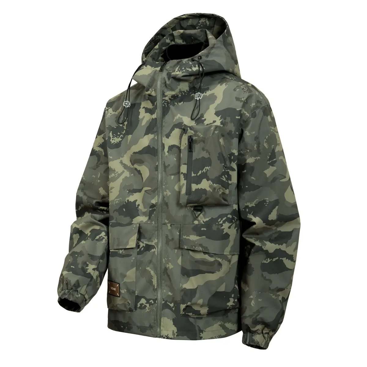 Men Camo Hooded Cargo Jacket, Water Resistant Full Zip Camouflage Windbreaker with Multi Zipper Pockets, Adjustable Drawstring Hood Elastic Cuffs Outdoor Streetwear Coat