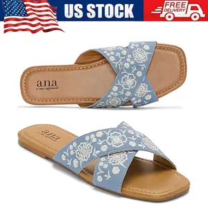 Womens Denim Slide Sandals Floral Embroidered Slip On Flat Summer Slides Casual Open Toe Lightweight Shoes