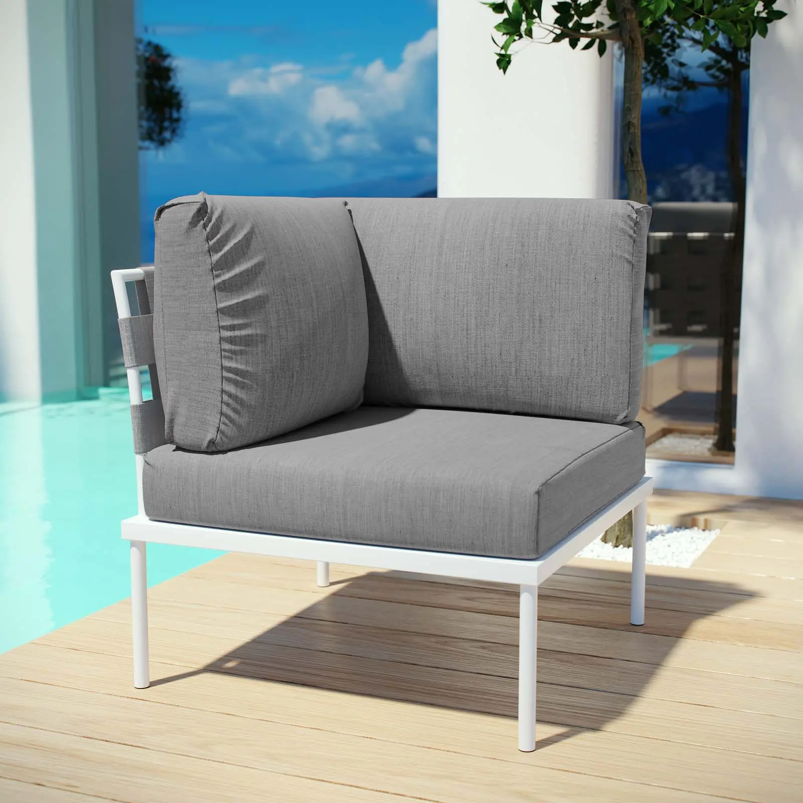 Modway Harmony Outdoor Patio Aluminum Corner Sofa in White Gray