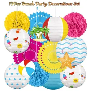 15Pcs Beach Party Decorations Set for Summer Party | Paper Lanterns, Fans, Pom Poms & Hanging Swirls | Pool Luau Hawaiian Tropical Indoor Outdoor Party Decor
