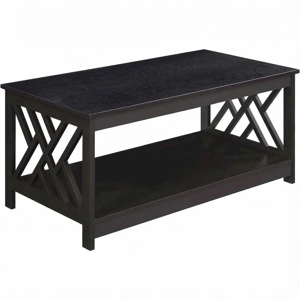 Espresso Rectangular MDF Wood Coffee Table - 39.5x21.75in Distressed Face, Sturdy Lower Storage Shelf, Rustic Look Indoor Furniture