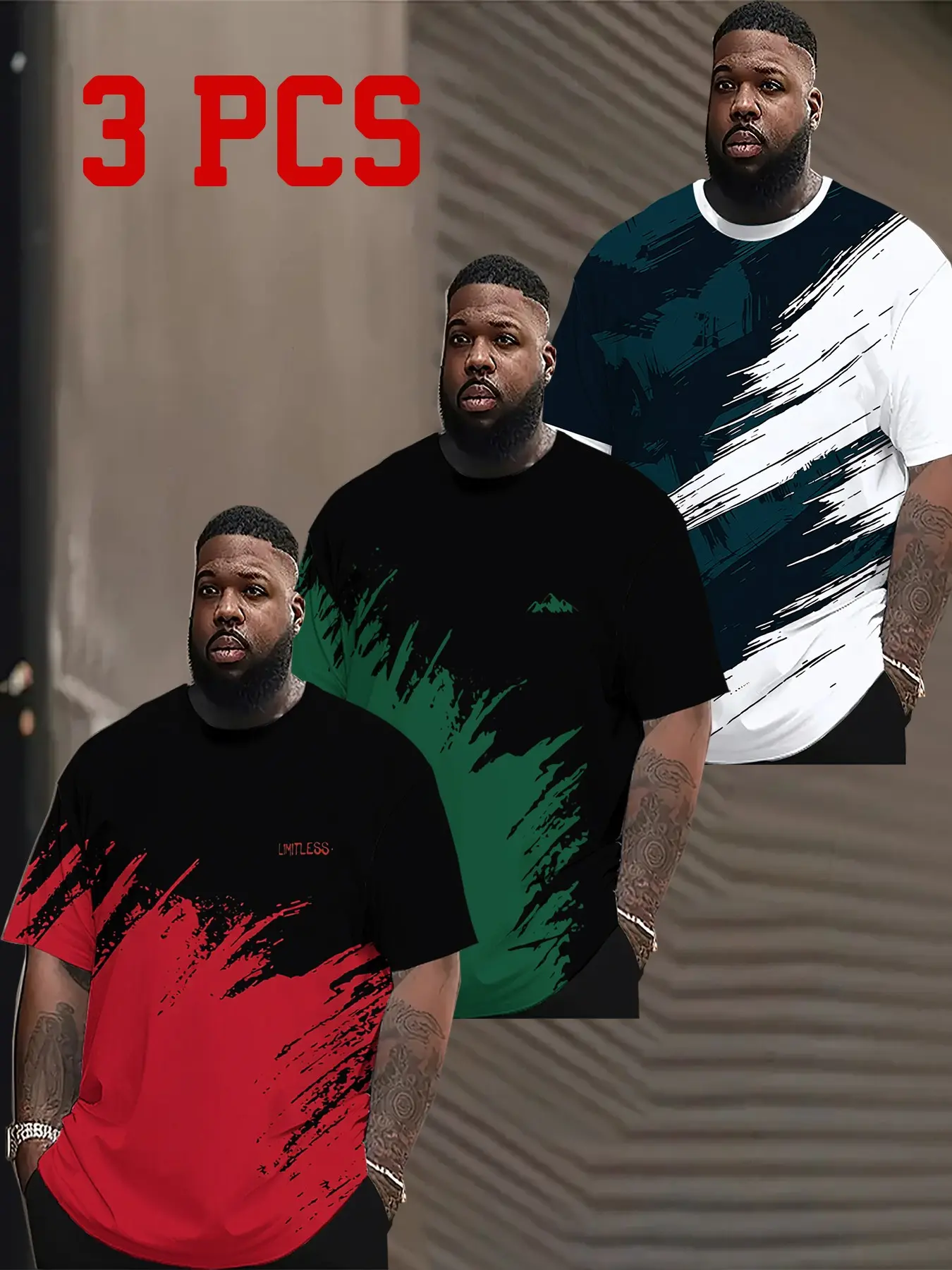 3-Pack Plus Size Men's Trendy Graffiti Style Short Sleeve T-Shirts, Casual Loose-Fit Long Tee, Streetwear All-Over Print Top, Menswear