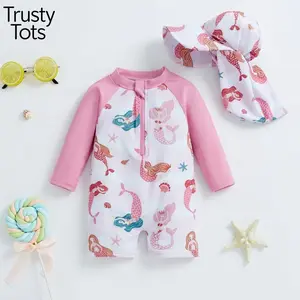 Trusty Tots Baby Girl's Bathing Suit Set, Sea Shell Print Long Sleeve Rash Guard Swimsuit Wide Brim Sun Hat Infant Toddler Beachwear Children's Swimsuit Girls Pink Flamingo
