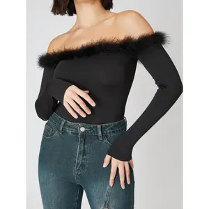 Cider [size 2-10] Solid Off-shoulder Fluffy Knitted Bodysuit