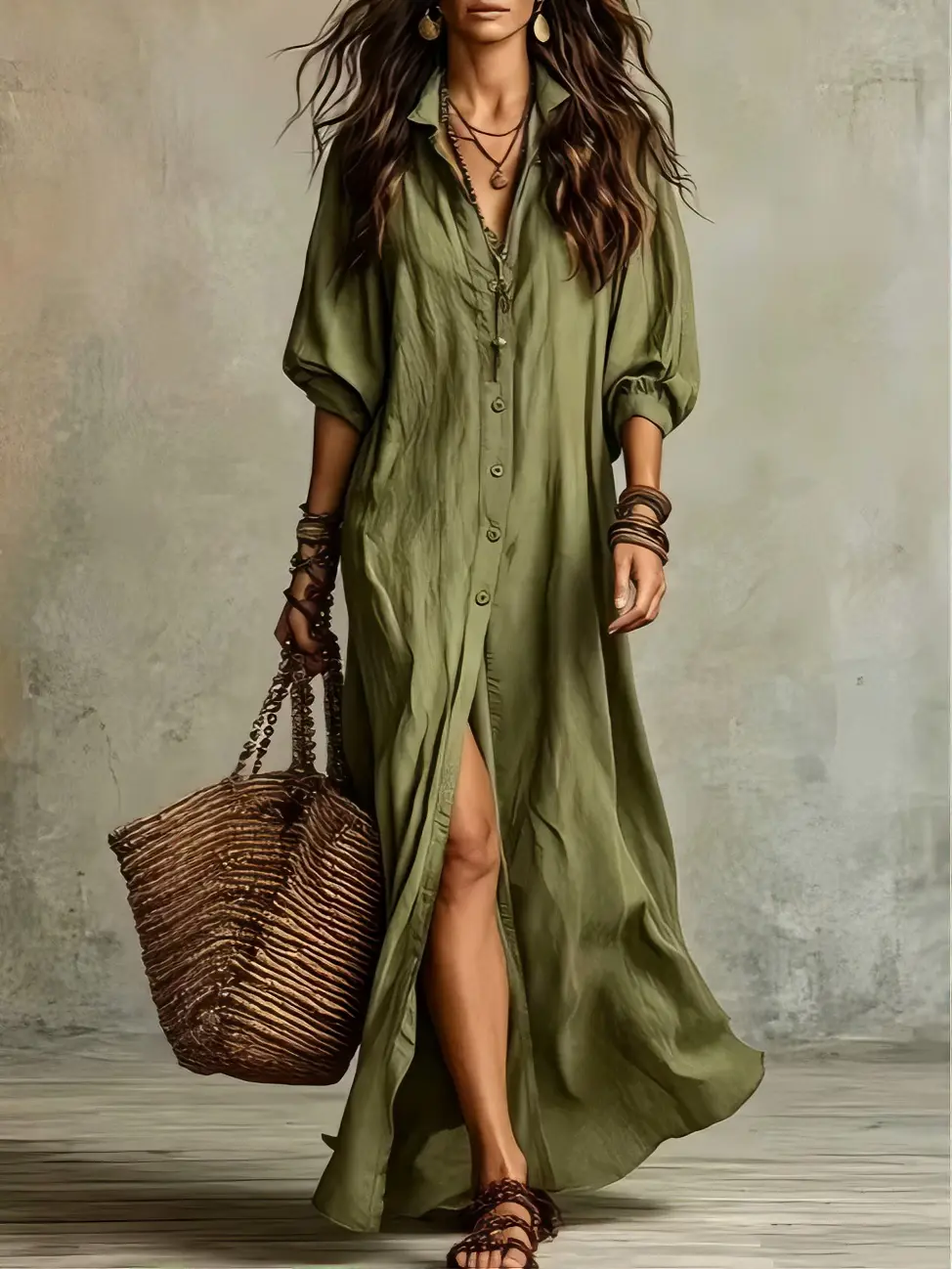 The new women's casual solid-color long skirt features an elegant and graceful lapel, a front slit, and buttons - a Bohemian-style shirt dress.
