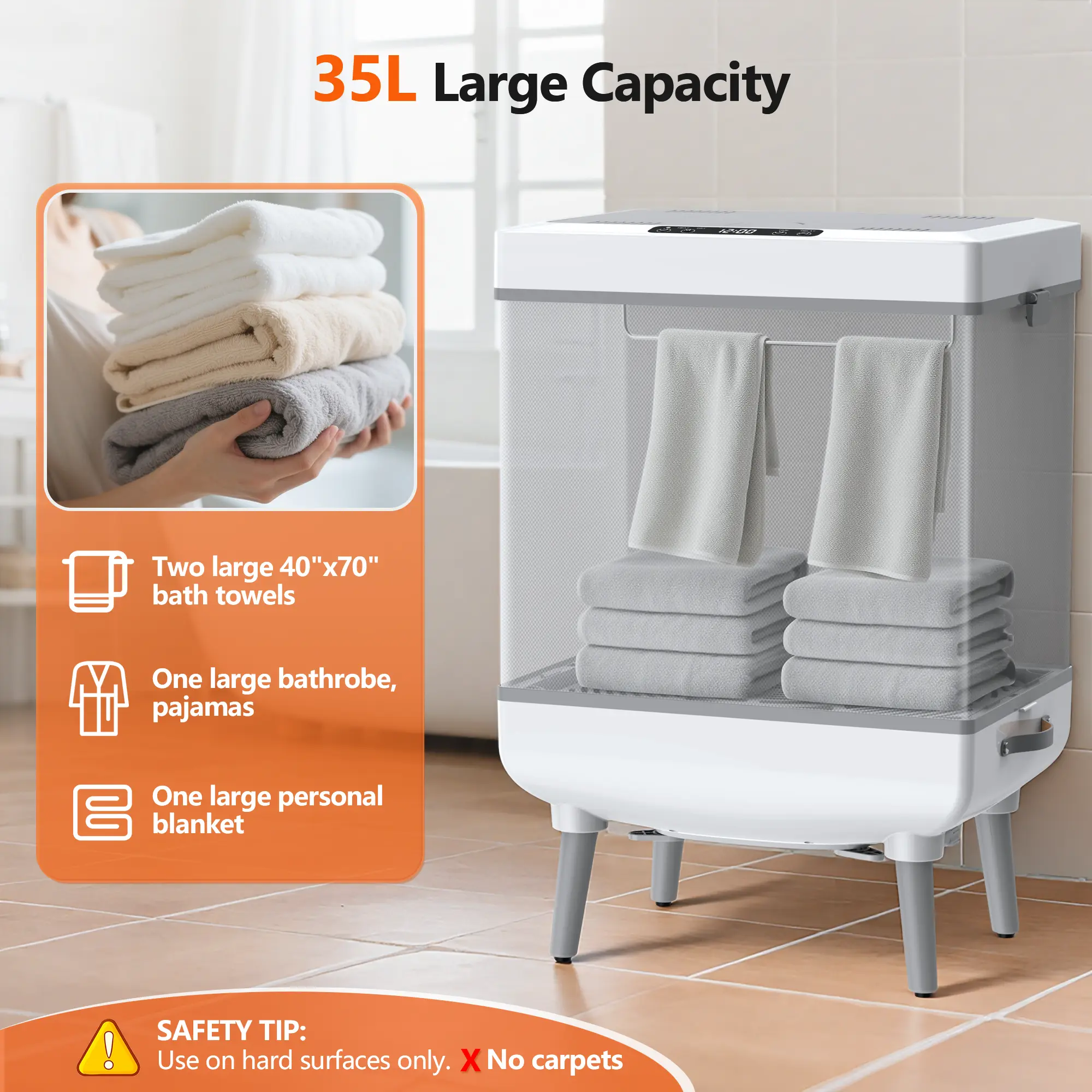 35L Luxury Foldable Towel Warmer, 600W Fast Heating, Auto Shut Off, Fits 3 Large Towels (45x70), Bathrobes & Blankets, Heat/Dry Modes, 24H Delay, Perfect for Bathroom, Spa, Home