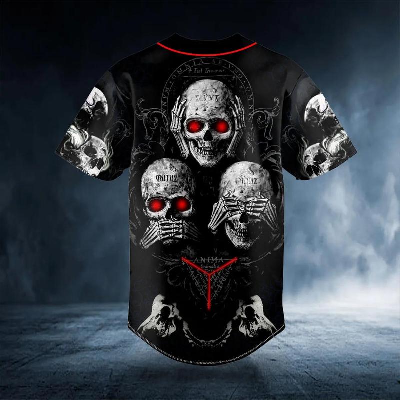 Hear See Speak No Evil Skull Baseball Jersey Skull Graphic Baseball Shirt – Gothic Horror Top, Black and Red Jersey Style for Halloween & Streetwear