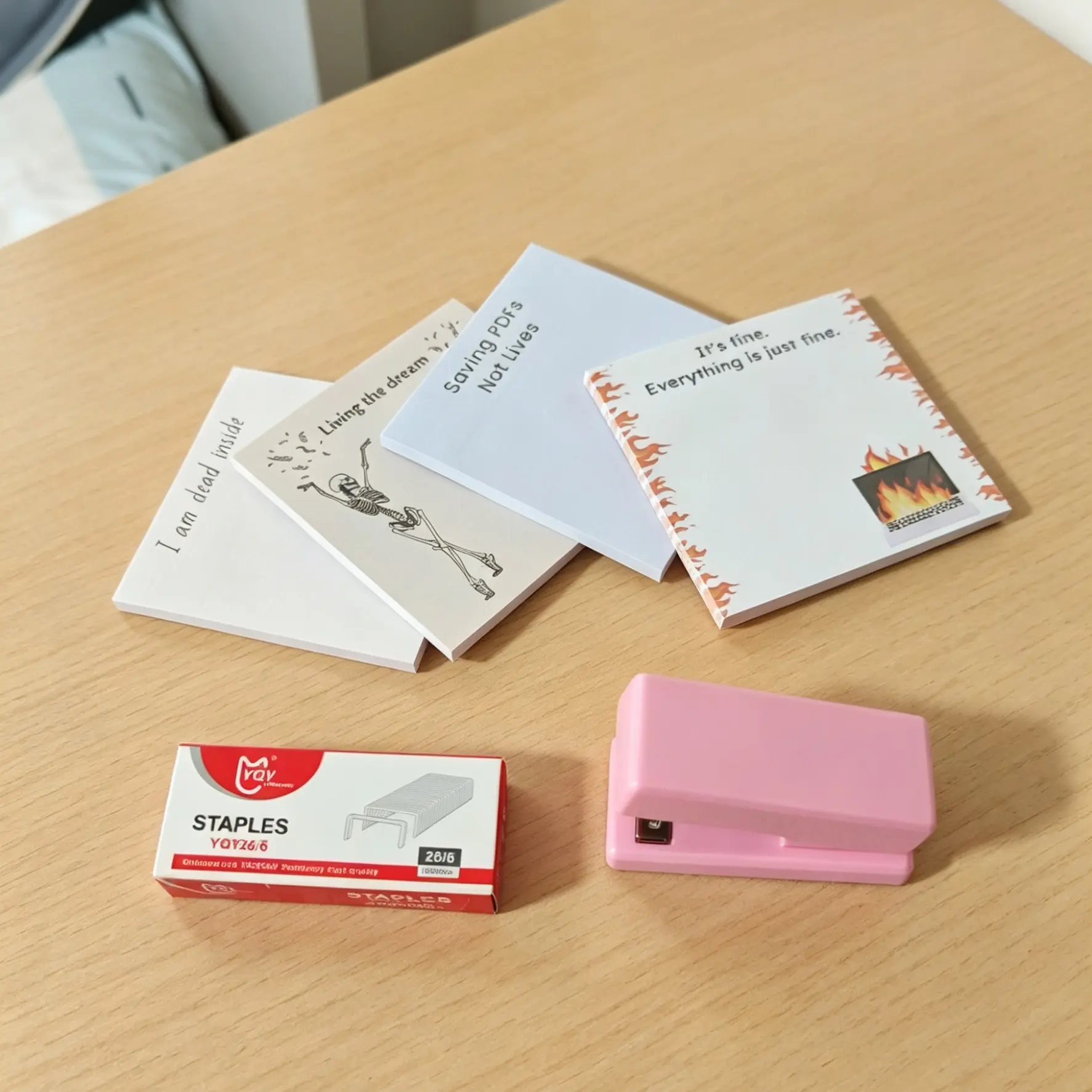 4 Pcs Fun Sticky Notes + Mini Portable Stapler Set with 1000 Staples, Office School Travel Stationery, Coated Material
