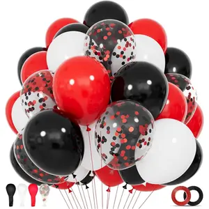 68 red, black, and white latex balloons, 12inch, equipped with black and red confetti balloons, suitable for birthdays, weddings, baby showers, graduation parties, and poker parties