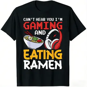 [100% Cotton] Funny Gaming & Ramen T-Shirt – Gamer Lifestyle Graphic Tee, Unisex Casual Soft Cotton Short Sleeve Shirt, Black Design, Gaming Humor Tee, Lightweight Breathable Streetwear Top, Gift for Gamers, Trending USA Gamer Apparel, Novelty Tee
