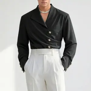 INCERUN Men's Silky Polyester Spandex Fabric Black Cropped Shirt - Asymmetric Design, Street Style, Mens Fashion Clothes, Party Top for Spring & Autumn