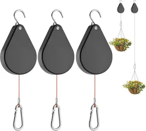 Upgraded Retractable Plant Hanger,Plant Pulleys for Hanging Plants,Easy to Raise and Lower,Auto Lock,Heavy Duty, Adjustable Hook for Garden Baskets Pots,Birds Feeder,(3Pcs,Black)