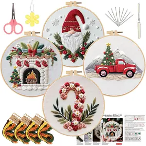 4 Sets Christmas Embroidery Kit for Beginners,Kits for Adults,DIY Embroidery Kits Whit Pattern, Needles, Threads, Tools.(Christmas Ornament)