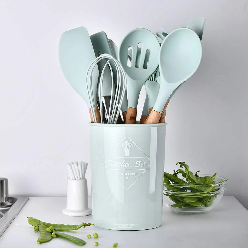 Silicone Kitchenware With Wooden Handle Nylon Set Utensil Stirring Tool Set Cookware