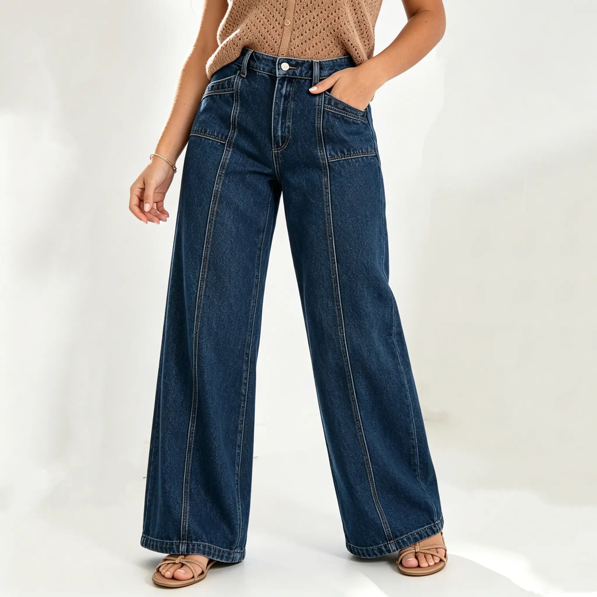 Women's Denim Jeans - Comfortable, Casual, Well-Fit Minimalist Lady Modern Jeans, Stylish Basic High-Rise Wide-Leg Dark-Wash Jeans