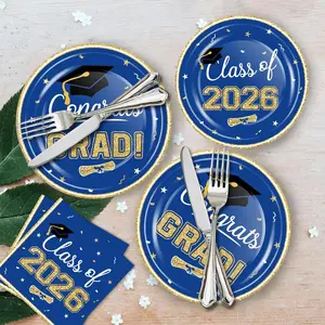 2026 Graduation Party Supplies Tableware Set - 200 Pcs Blue Gold Graduation Plates and Napkins Class of 2026 Disposable Dinnerware for College High School Congrats Grad Party Favors, Serve 50