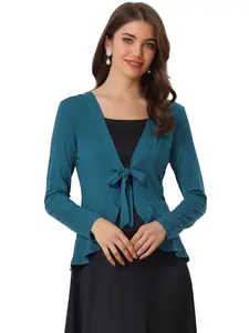 INSPIRE CHIC Tie Front Metallic Ruffled Long Sleeve Open Cardigan