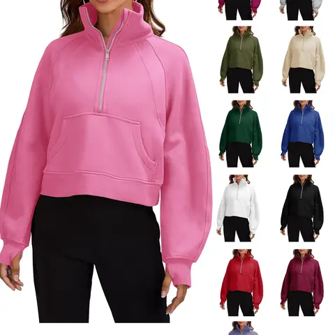 FISOEW Women's Athletic Half-Zip Crop Hoodie Pullover - Cotton, Loose Drop Shoulder, Funnel Mock Neck, Fleece-Lined Long Sleeve with Thumb Holes, Fuzzy Kangaroo Pocket, Fall Casual Workout Top
