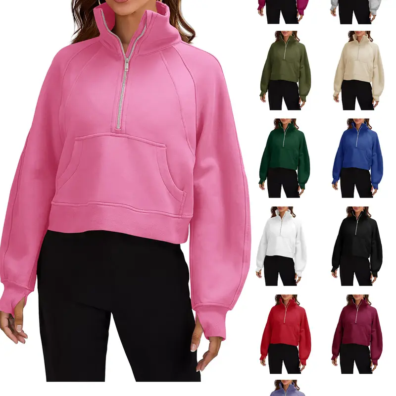 FISOEW Women's Athletic Half-Zip Crop Hoodie Pullover - Cotton, Loose Drop Shoulder, Funnel Mock Neck, Fleece-Lined Long Sleeve with Thumb Holes, Fuzzy Kangaroo Pocket, Fall Casual Workout Top