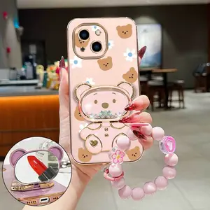 13 Popular Series Love Heart Strap Lanyard Phone Holder Case For Compatible With iPhone 13 Plating Cover and Impact Resistant Cute Little Bear And White Daisy Protector Cases