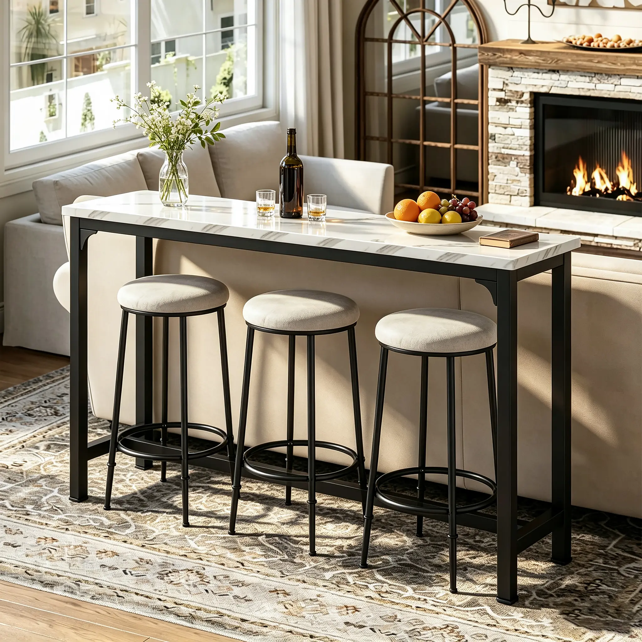 Bar Table Set with 3 Stools, Faux Marble Counter Height Bar Table, Industrial Black Metal Frame Bar Dining Set with Round Upholstered Stools for Kitchen Home Bar