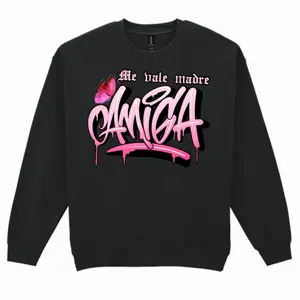 Crewneck Amiga Sweater - Black Graphic Sweatshirt with 'Me Vale Madre' Design Embroidery Streetwear Casual Pullover