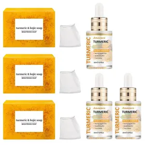 Turmeric skin care set, turmeric Kojic Acid soap and turmeric facial essence oil, cleaning and moisturizing body care for men and women, skin care set