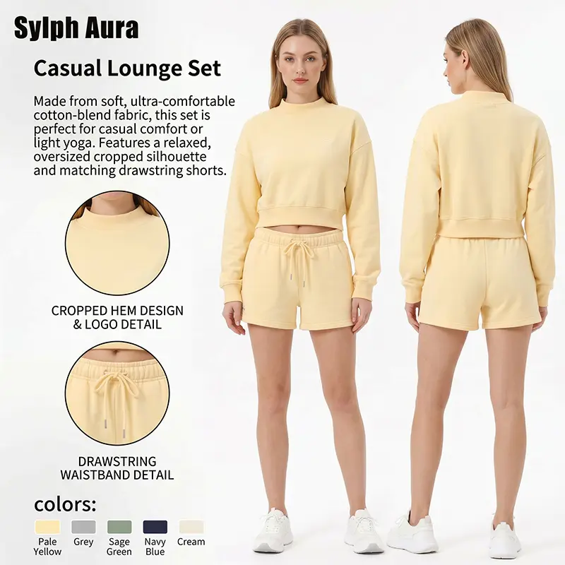 Women's 2-Piece Sportswear Set, Casual Crew Neck Long Sleeve Pullover Sweatshirt & Drawstring Shorts, Relaxed Lounge Outfit for Spring, Fall