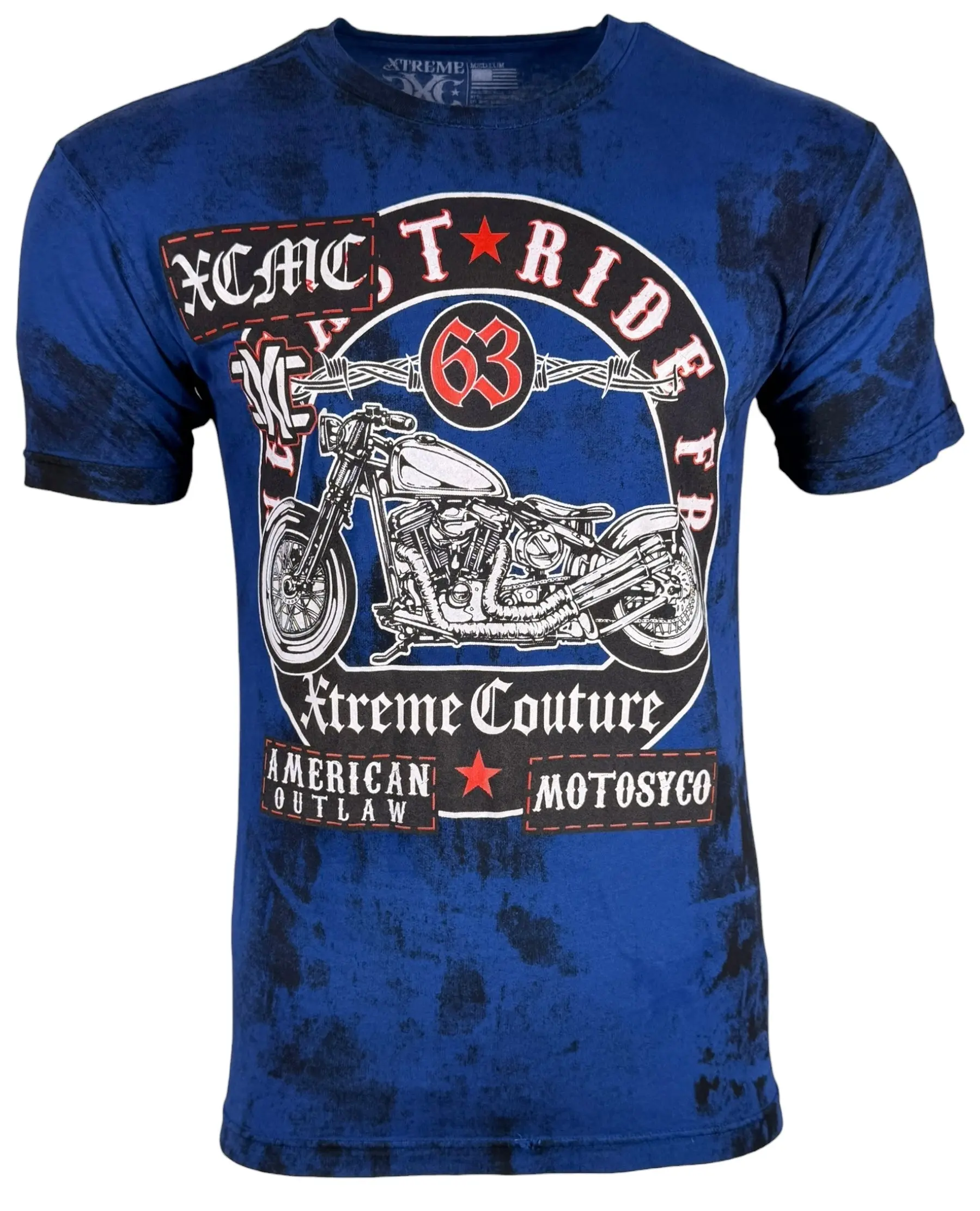 Xtreme Couture Men's 100% Cotton T-Shirt, Outlaw Riders Biker Graphic, Casual Streetwear Short Sleeve Top in Navy Reactive