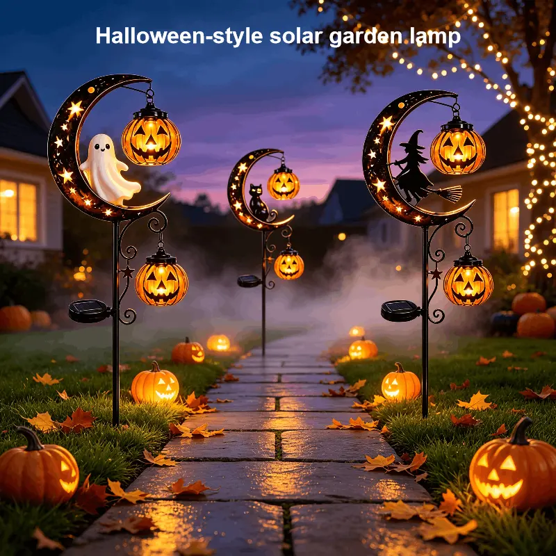 Spooky Halloween Solar Garden Stake Lights, Waterproof Moon-Pumpkin Lantern with Ghost-Witch-Black Cat, LED Solar-Powered Ghost Lantern Decorative Lights for Yard-Pathway