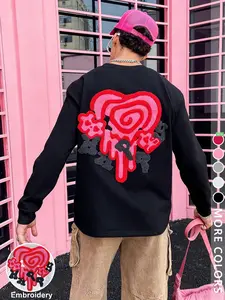 Unisex Y2K Style Valentine's Day Gift, Happy Slogan & Heart Embroidery Graphic Sweatshirt, Long Round Neck, Suitable for Valentine's Day dates, streetwear, Y2K style outfits, men's gifts, couple's outfits, casual everyday wear for dates.