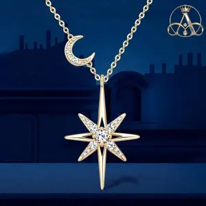 Aurelia Crest Moissanite Star Moon Necklace 925 Sterling Silver | Luxury Sparkling Pendant for Women