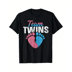 Team Twins Gender Reveal T-Shirt - Unisex, Soft & Breathable, Lightweight Cotton, Black with Pink & Blue Footprint Design, Perfect for Twin Moms & Dads, Casual Wear, Machine Washable, All-Season Comfort, Twin Mom Shirts