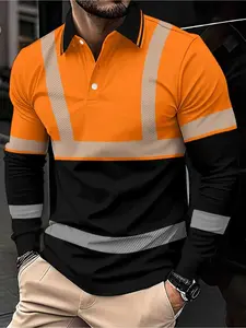 Full-width reflective stripe design, workwear-style Casual men's long-sleeved polo shirt