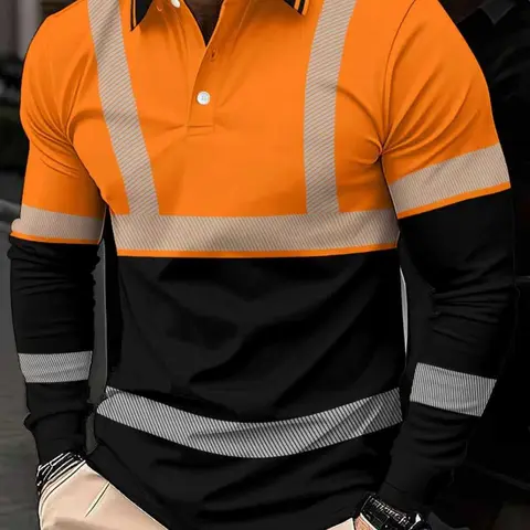 Men's Long-Sleeve Polo Shirt with Full-Width Reflective Stripe, Workwear-Style Casual Fitted Design, Menswear, Casual Polo Shirts