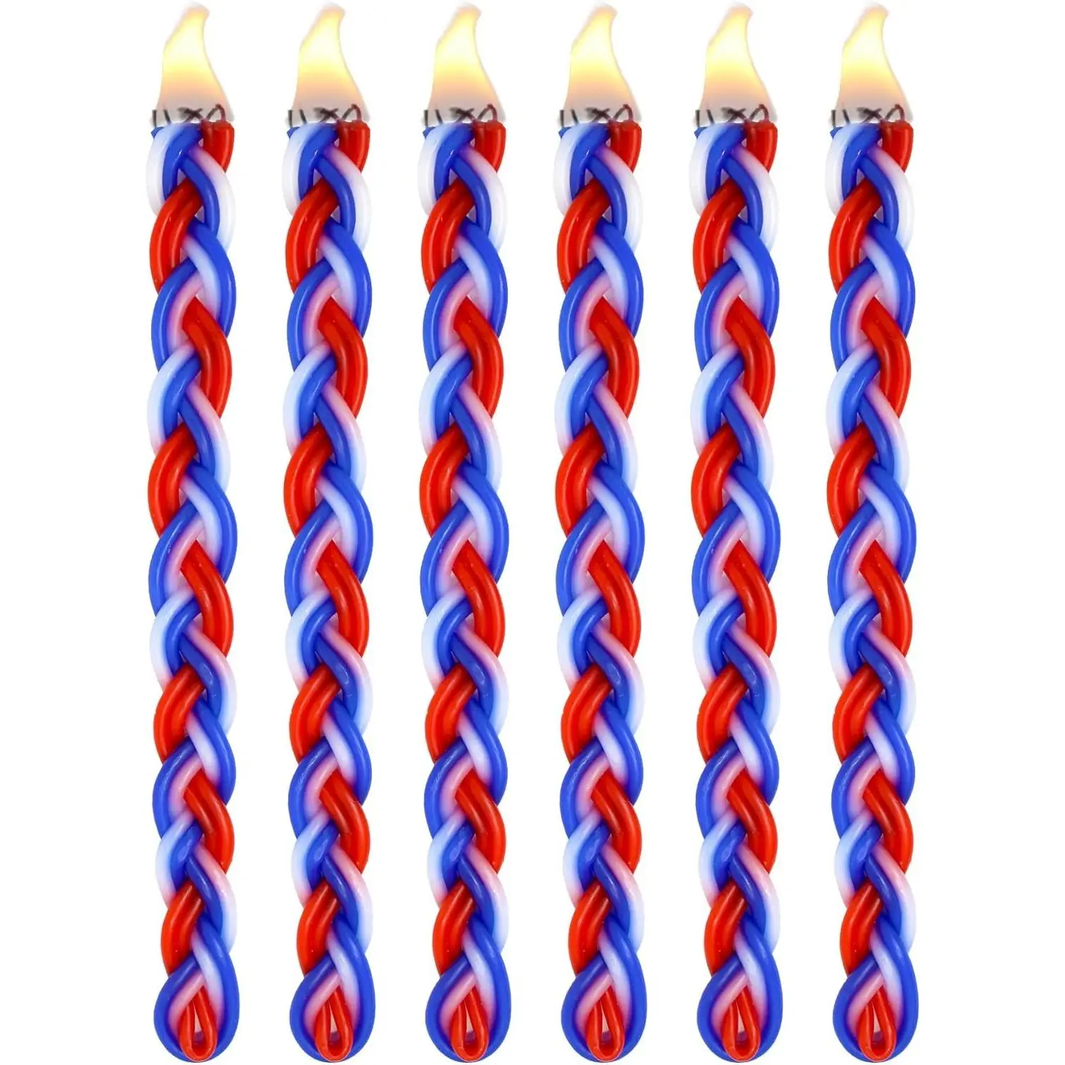 Havdalah Candles - Braided, Red, Blue, White - After Shabbat - 6 Pk, 15 Inches - Handmade, Kosher - Judaica Gifts