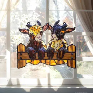 Two Curious Goats Acrylic Suncatcher – Faux Stained Glass Window Hanging – Farmhouse Nature Gift For Goat Lover Or Farmer