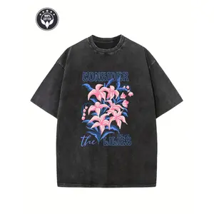 Men's Heavyweight 230gsm Vintage "Consider The Lilies" Floral & Lettering Print Graphic T-Shirt - Blue Washed Tee with Falling Shoulder Fit, Loose Hip Hop Streetwear for Everyday Casual Outfits - Machine Washable, Unisex Fashion,